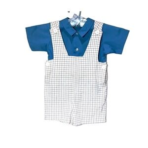 Jack Tar Shortall Set Size 4 Vintage‎  70's 2 Piece Blue/White Tattersall Plaid